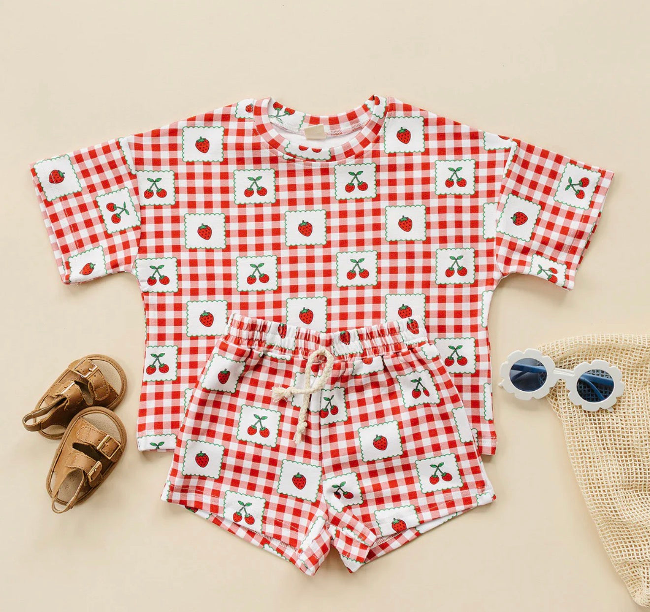 Strawberry Gingham Shorts Set